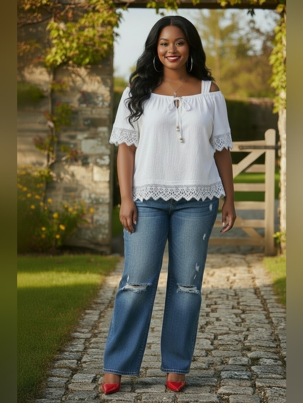 Cato White Lace Trim Peasant Blouse Tie Front Off Shoulder Plus Size 18/20W